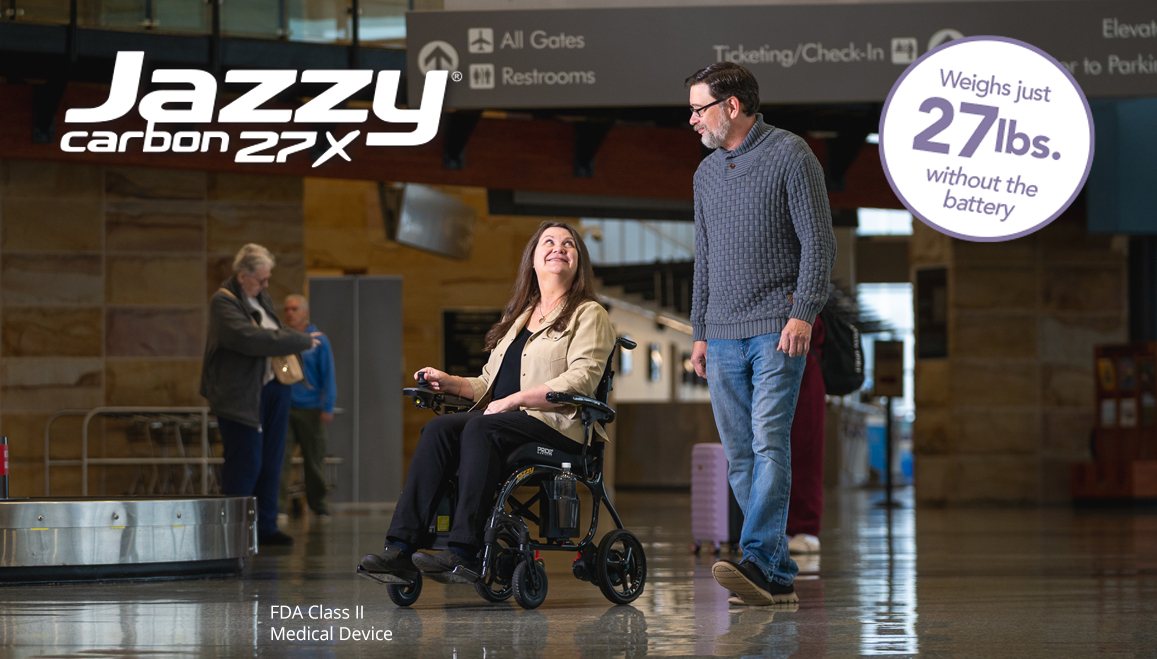 Pride Jazzy Carbon 27X portable power chair in an airport